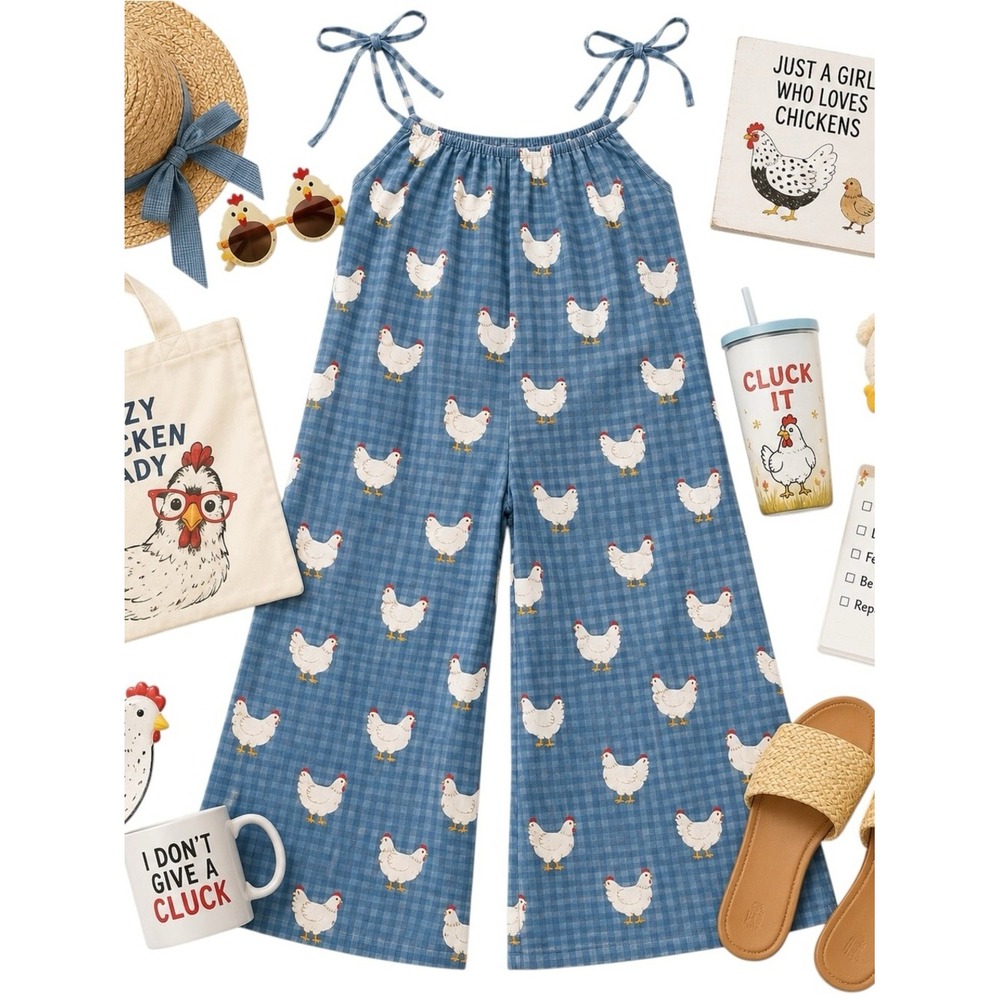 Handmade Blue Gingham Chicken Print Cotton Jumpsuit Women M Wide Leg Cottagecore